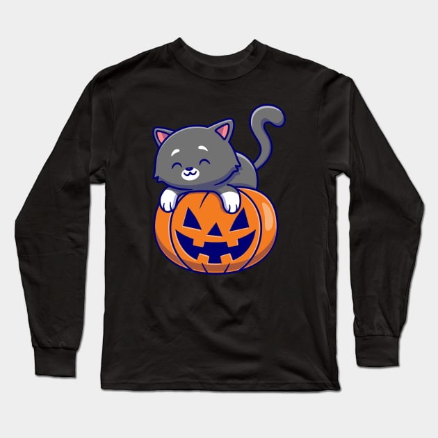 Cute Cat Laying On Pumpkin Halloween Cartoon Long Sleeve T-Shirt by Catalyst Labs